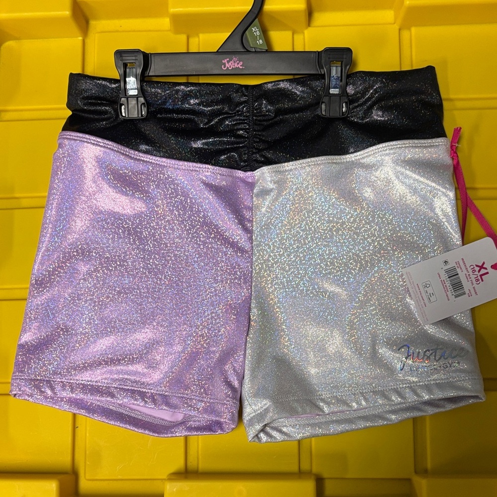 Justice Holographic Colorblock Shorts - Black, Lilac & Silver XL 16-18